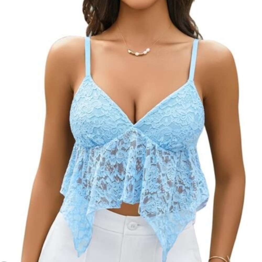 Brand New Lace Peplum Cami Top With Adjustable Strap- Light Blue